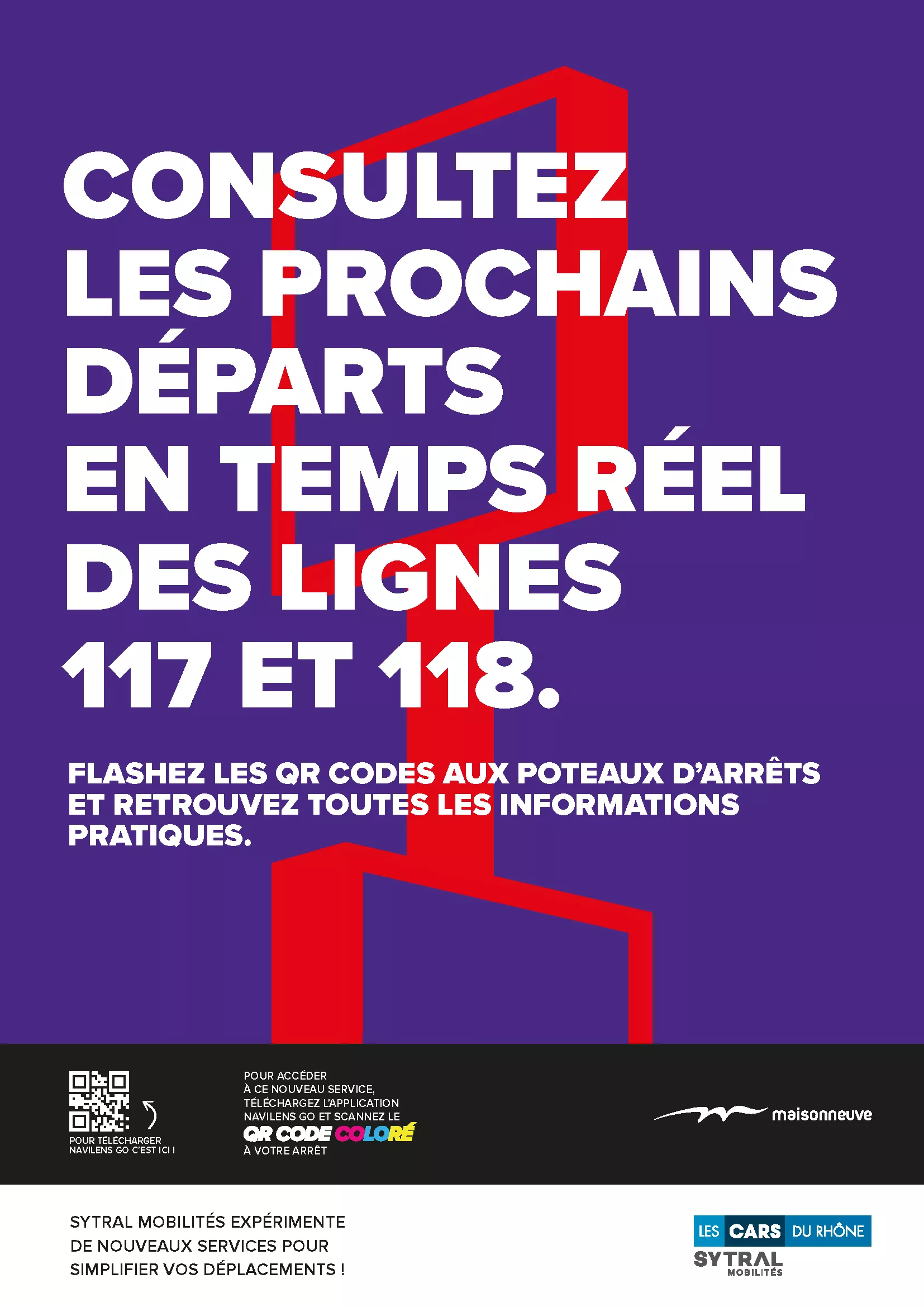 Affiche de l'expérimentation "Consultez les prochains départs en temps réel des lignes 117 et 118"